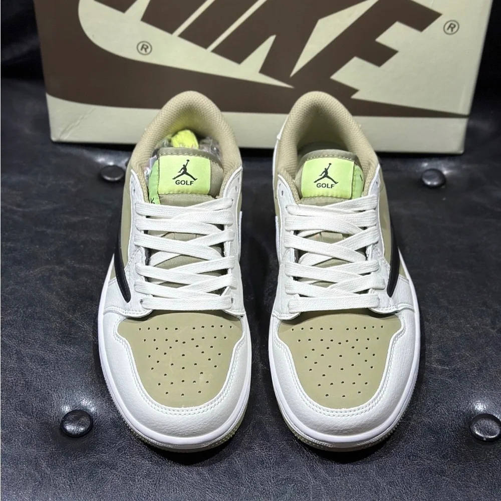 Nike Low-Top Sneakers in White, Beige & Black with Lime Tongue Accent